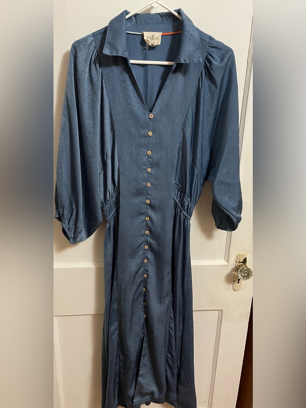 Umgee Slate Blue Button-Front Midi Dress -Soft Satiny Fabric - Medium